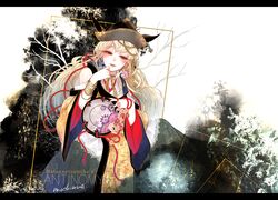  blonde_hair bracelet breasts commentary_request detached_sleeves female floral_print hair_ribbon hatsunetsumiko&#039;s jewelry letterboxed long_hair long_sleeves looking_at_viewer matara_okina mochinue red_eyes red_ribbon ribbon smile solo touhou wide_sleeves 