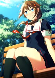  ahoge artistic_error bad_id bad_pixiv_id bench black_serafuku black_skirt blue_eyes blue_sky blush braid brown_hair cloud commentary_request day female hair_between_eyes hair_flaps hair_ornament hair_over_shoulder hair_ribbon highres kantai_collection kneehighs long_hair neckerchief outdoors pleated_skirt red_neckerchief red_ribbon ribbon sahuyaiya school_uniform serafuku shigure_(kancolle) shigure_kai_ni_(kancolle) short_sleeves single_braid sitting skirt sky smile socks solo tree wind 