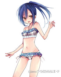  :d bikini blue_hair blush breasts brown_eyes collarbone commentary_request cowboy_shot date_a_live female floating_hair frilled_bikini frills groin hair_between_eyes hibiki_mio long_hair navel open_mouth side-tie_bikini_bottom side_ponytail simple_background small_breasts smile solo standing striped_bikini striped_clothes swimsuit takamiya_mana vertical-striped_bikini vertical-striped_clothes white_background 