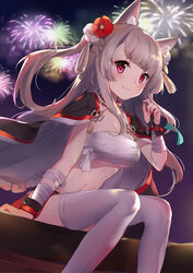  :3 absurdres aerial_fireworks animal_ear_fluff animal_ears arm_support azur_lane backlighting bada_(jksh5056) bandaged_arm bandages black_cape blush breasts cape closed_mouth commentary_request dutch_angle female fingernails fireworks flower flower_knot hair_ornament hair_ribbon highres holding kanzashi large_breasts light_brown_hair long_hair looking_at_viewer nail_polish navel night night_sky official_alternate_costume pink_nails pleated_skirt purple_eyes red_flower red_skirt ribbon sarashi sitting skirt sky smile solo tassel thick_eyebrows thighhighs two_side_up v-shaped_eyebrows white_flower white_thighhighs wolf_ears yuudachi_(azur_lane) yuudachi_(shogun_of_snowballs)_(azur_lane) 