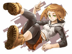  arm_support belt boots brown_hair commentary_request female green_eyes hood hood_down hoodie kurio leggings legs_up lying midriff on_back original plaid plaid_skirt simple_background skirt solo thick_eyebrows v 