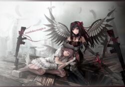  2girls akemi_homura akuma_homura assault_rifle bad_id bad_pixiv_id black_gloves black_hair bow dress elbow_gloves gloves gun hair_ribbon hairband highres howa_type_89 kaname_madoka long_hair lying_on_lap mahou_shoujo_madoka_magica mahou_shoujo_madoka_magica:_hangyaku_no_monogatari multiple_girls multiple_weapons pink_hair planted planted_gun purple_eyes ramudayajirushi ribbon rifle smile spoilers thighhighs two_side_up ultimate_madoka weapon wings 