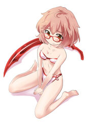  bikini blood_sword blush bob_cut brown_eyes brown_hair commentary_request female glasses hemokinesis ishizu_kayu kuriyama_mirai kyoukai_no_kanata red-framed_eyewear short_hair sitting solo swimsuit sword wariza weapon 