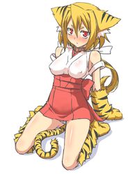  animal_ears animal_hands bare_shoulders blonde_hair blush breasts breasts_apart cat_girl collar commentary_request covered_nipples female full_body kneeling looking_at_viewer medium_breasts original otoo_(izanagi) panties pantyshot pink_eyes short_hair sitting solo tail tiger_ears tiger_tail underwear white_background 