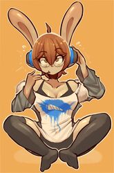  better_version_at_source bra brianne_(spikedmauler) brown_eyes clothing electronics eyewear female glasses hair headphones hi_res lagomorph leggings legwear leporid mammal rabbit sagging shirt simple_background spikedmauler topwear underwear 