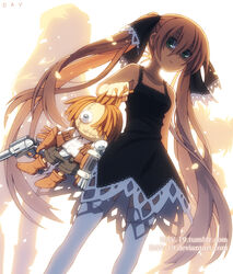  aqua_eyes black_dress blonde_hair chuck_(shaman_king) closed_mouth collarbone dav-19 doll dress expressionless female frown green_eyes holding holding_doll long_hair marion_phauna photoshop_(medium) shaman_king short_dress signature simple_background sleeveless sleeveless_dress solo standing strap thighhighs very_long_hair watermark web_address white_background white_thighhighs 