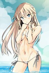  bad_id bad_twitter_id bikini bismarck_(kancolle) blonde_hair blue_eyes blush breasts cloud covering_breasts covering_privates cowboy_shot day female iwasaki_takashi kantai_collection long_hair looking_at_viewer navel side-tie_bikini_bottom sky solo swimsuit very_long_hair wading white_bikini 