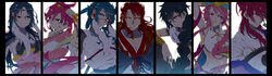  4boys absurdres black_hair brother_and_sister brothers brown_hair chinese_clothes collarbone column_lineup cousins dress hanfu highres judal looking_at_viewer magi_the_labyrinth_of_magic multiple_boys multiple_girls pink_dress pink_hair red_hair ren_hakuei ren_hakuryuu ren_kouen ren_kougyoku ren_kouha ren_koumei siblings simple_background split_screen upper_body white_background 