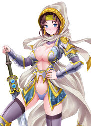  armband armor bad_id bad_pixiv_id bikini_armor blue_eyes breasts brown_hair cameltoe cleavage earrings elspeth_tirel endou_masatoshi female hood jewelry large_breasts magic:_the_gathering navel scarf thighhighs weapon 