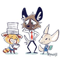  1:1 2018 aggretsuko ailurid anthro canid canine cellphone clothed clothing digital_media_(artwork) electronics eyelashes female fennec_fox fenneko fox fur group haida_(aggretsuko) hyena male mammal phone phuijl red_panda retsuko sanrio simple_background spotted_hyena true_fox 