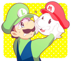  2boys black_eyes blue_eyes blue_overalls boo_mario brothers brown_hair commentary_request facial_hair ghost-pepper gloves green_hat green_shirt hat holding luigi mario mario_(series) moustache multiple_boys nose overalls polka_dot scared shirt siblings smile super_mario_galaxy tearing_up tongue waving wavy_mouth 