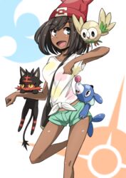  beanie black_hair commentary_request dark-skinned_female dark_skin female hat hirayama_(hirayamaniwa) litten looking_at_viewer midriff open_mouth pokemon pokemon_(creature) pokemon_sm popplio red_hat rowlet selene_(pokemon) shirt short_hair shorts smile starter_pokemon_trio t-shirt tan tanlines tied_shirt 