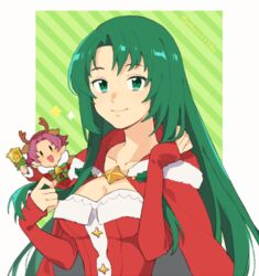  2girls antlers bad_id bad_twitter_id bell bow breasts cape cecilia_(fire_emblem) cecilia_(winter)_(fire_emblem) cleavage closed_mouth commentary_request fae_(fire_emblem) fae_(winter)_(fire_emblem) fire_emblem fire_emblem:_the_binding_blade fire_emblem_heroes fur_trim green_eyes green_hair handbell horns long_hair long_sleeves multiple_girls open_mouth pekaso1118n pointy_ears purple_hair reindeer_antlers short_hair smile twitter_username upper_body 