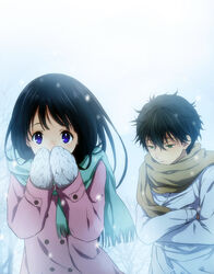  1boy bare_tree black_hair brown_hair chitanda_eru coat commentary_request covering_own_mouth crossed_arms female green_eyes hyouka long_hair mittens oreki_houtarou photoshop_(medium) rito453 scarf short_hair snowing tree winter_clothes 