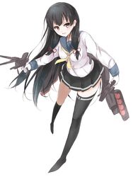  aoi_takeru black_hair commentary_request female finger_on_trigger gloves hair_ribbon isokaze_(kancolle) kantai_collection long_hair red_eyes ribbon school_uniform serafuku simple_background single_thighhigh skirt solo thighhighs 