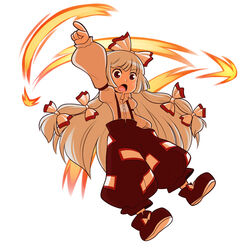  :o arm_garter arm_up baggy_pants commentary female fire fujiwara_no_mokou full_body hair_ribbon long_hair long_sleeves mary_cagle pants puffy_long_sleeves puffy_sleeves red_eyes red_footwear red_pants ribbon shoes solo suspenders touhou very_long_hair white_background white_hair 