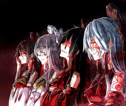  4girls ascot bare_shoulders bow commentary_request crossed_arms detached_sleeves evil_eyes evil_grin evil_smile glowing glowing_eyes grin group_picture group_profile hair_tubes hairbow hakurei_reimu honki-reimu lineup long_hair m.u.g.e.n maga-reimu multiple_girls multiple_persona onimiko profile rion_(glayjirobass) smile tattoo touhou upper_body white-reimu yin_yang 