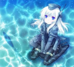  bad_id bad_pixiv_id black_pantyhose black_socks blonde_hair blue_eyes cropped_jacket female garrison_cap hat kantai_collection long_hair mikoto_(mikoto_r_a) military military_uniform pantyhose puffy_sleeves socks solo swimsuit u-511_(kancolle) underwater uniform 