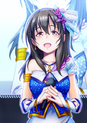  black_hair braid commentary_request female fujiwara_hajime hair_between_eyes hair_ornament idol idolmaster idolmaster_cinderella_girls kaoru348 long_hair microphone purple_eyes solo 