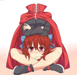  ashu blush bow cape commentary_request crossed_arms disembodied_head female hairbow indian_style long_sleeves red_eyes red_hair sekibanki short_hair sitting skirt solo touhou 