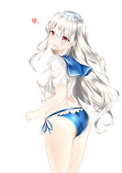  bikini bikini_bottom_only blue_bikini blush breasts commentary_request crop_top crop_top_overhang female floating_hair from_side girls&#039;_frontline hair_between_eyes heart highres kar98k_(girls&#039;_frontline) long_hair looking_at_viewer looking_back medium_breasts open_mouth red_eyes school_uniform see-through serafuku short_sleeves side-tie_bikini_bottom simple_background smile solo swimsuit white_background white_hair yoko_(yang-tzu) 