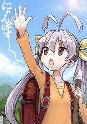  antenna_hair arm_up backpack bag chestnut_mouth cloud collarbone commentary_request day female flute gaihan_umeboshi_mitchell holding holding_flute holding_instrument instrument long_sleeves miyauchi_renge mountain non_non_biyori nyanpassu~ orange_shirt photoshop_(medium) purple_hair randoseru recorder red_eyes shirt sky solo sun translated twintails 