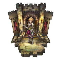  armor banner blonde_hair brick_floor brick_wall choker circlet commentary_request diorama female frilled_skirt frills gauntlets greaves holding holding_sword holding_weapon kurio original pink_eyes plaid plaid_skirt ponytail puffy_short_sleeves puffy_sleeves short_sleeves skirt solo standing sword torch weapon white_background 