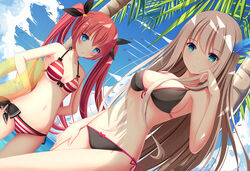  2girls bikini black_bikini blonde_hair blue_eyes blush bow breasts cleavage closed_mouth cloud commentary_request contrail day dutch_angle feather_hair_ornament feathers green_eyes hair_ornament hair_ribbon innertube lexington_(warship_girls_r) long_hair looking_at_viewer medium_breasts multiple_girls muq navel outdoors photoshop_(medium) pink_hair revision ribbon shade side-tie_bikini_bottom small_breasts smile standing stomach striped_bikini striped_clothes summer swim_ring swimsuit taihou_(warship_girls_r) transparent twintails very_long_hair warship_girls_r 