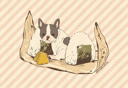  animal_focus canine commentary_request food food_focus french_bulldog mojacookie no_humans onigiri signature striped striped_background 