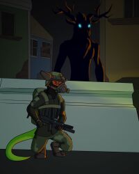  2025 ambiguous_gender anthro antlers armor backpack blue_eyes boots city clothed clothing crouching deer detailed_background digitigrade duo empty_eyes footwear furgonomic_footwear furgonomics fyreblazes gas_mask glowing gun headgear helmet hi_res hiding holding_gun holding_object holding_ranged_weapon holding_weapon horn inheritor lizard male_(lore) mammal mask military_uniform monster night nude outside project_silverfish ranged_weapon red_eyes reptile scalie shoes signature standing submachine_gun uniform weapon 