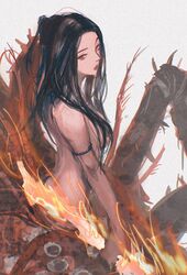  arachne arthropod_girl black_hair breasts chaos_witch_quelaag dark_souls_(series) dark_souls_i female guri_otoko hair_censor hair_over_breasts highres long_hair looking_at_viewer medium_breasts monster_girl navel nude red_eyes simple_background solo spider_girl taur 