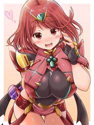  breasts candy chocolate earrings female fingerless_gloves food gem gloves hair_ornament headpiece heart heart-shaped_chocolate highres jewelry kurokaze_no_sora large_breasts leaning_forward looking_at_viewer pyra_(xenoblade) red_eyes red_hair short_hair skindentation solo tiara xenoblade_chronicles_(series) xenoblade_chronicles_2 