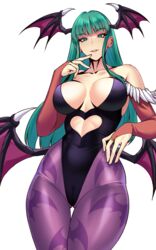  bat_wings bodysuit breasts cleavage female green_eyes green_hair highleg highleg_leotard highres large_breasts leotard long_hair looking_at_viewer morrigan_aensland pantyhose print_pantyhose purple_pantyhose simple_background solo vampire_(game) volyz white_background wings 