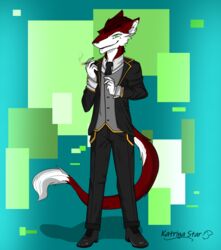  anthro blake_(katrina7209) cigarette clothing dominant dominant_male ear_piercing fur green_eyes grin hi_res hybrid katrina_star male piercing red_body red_fur slicked_back_hair smile solo suit tail tail_motion 