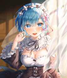  :d absurdres aibek black_ribbon blue_eyes blue_hair blurry blush breasts cleavage depth_of_field detached_sleeves dress female flower_knot frilled_dress frilled_sleeves frills hair_ornament hair_over_one_eye hair_ribbon hand_up highres juliet_sleeves large_breasts long_sleeves looking_at_viewer maid maid_headdress medium_breasts neck_ribbon open_mouth puffy_sleeves re:zero_kara_hajimeru_isekai_seikatsu red_ribbon rem_(re:zero) ribbon ribbon-trimmed_sleeves ribbon_trim roswaal_mansion_maid_uniform short_hair smile solo tears teeth upper_body upper_teeth_only wide_sleeves x_hair_ornament 