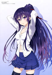  absurdres arms_up black_thighhighs blue_skirt breasts cleavage collarbone collared_shirt cowboy_shot date_a_live female gradient_background hair_between_eyes hair_tie highres long_hair long_sleeves megami_magazine navel official_art open_clothes open_shirt parted_lips pleated_skirt purple_eyes purple_hair raizen_high_school_uniform scan school_uniform shirt simple_background skirt small_breasts solo standing thighhighs tying_hair very_long_hair white_shirt yatogami_tooka 