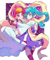  2girls alternate_costume antennae aqua_eyes aqua_hair carrying eru hagoromo hagoromo_lala hoshina_hikaru looking_at_another multiple_girls ninja pink_eyes pink_hair pointy_ears precure princess_carry shawl short_hair smile star_(symbol) star_in_eye star_twinkle_precure starry_background sword symbol_in_eye twintails weapon yuri 