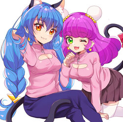  2girls animal_ears blue_hair bow braid cat_ears cat_girl cat_tail cleavage_cutout clothing_cutout double_bun dual_persona eru extra_ears green_eyes hair_bun looking_at_viewer mao_(precure) multiple_girls one_eye_closed pants paw_pose pleated_skirt precure purple_eyes skirt smile star_twinkle_precure tail tail_bow tail_ornament thighhighs twin_braids yellow_eyes yuni_(precure) 