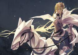  armor artoria_pendragon_(fate) artoria_pendragon_(lancer)_(fate) blonde_hair braid bridle capelet cloak crown dun_stallion_(fate) el_(egoistic_parade) expressionless fate/grand_order fate_(series) female french_braid fur-trimmed_capelet fur_trim glowing glowing_eyes green_eyes hair_between_eyes highres horseback_riding lion_king_(lancer)_(fate) looking_at_viewer rhongomyniad_(fate) riding solo white_capelet 