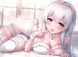  breasts cleavage dress female frilled_dress frilled_thighhighs frills hairband indie_virtual_youtuber indoors large_breasts long_hair looking_at_viewer lying naito_mare_(vtuber) on_side oyuwari pink_hairband purple_eyes sleeveless solo thighhighs tongue tongue_out virtual_youtuber white_dress white_hair white_thighhighs wrist_cuffs 