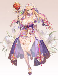  blonde_hair breasts cleavage cross destiny_child dress female flower full_body garter_straps green_eyes highres holding holding_staff kkuem large_breasts light_brown_hair long_dress long_hair miriam_(destiny_child) purple_dress purple_footwear shadow simple_background skindentation solo staff thighhighs white_flower white_thighhighs 