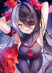  :d absurdres ahoge armband armpits arms_behind_head arms_up ascot black_hair black_leotard black_pantyhose blade_&amp;_soul blush breasts commentary eyepatch female from_above grey_hair hair_between_eyes hair_intakes highres leotard medium_breasts multicolored_hair nenobi_(nenorium) pantyhose pohwaran red_ascot sideboob smile solo twintails two-tone_hair yellow_eyes 