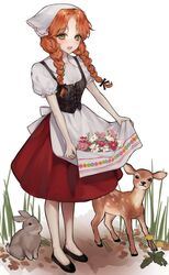  :d animal apron apron_lift bad_id bad_twitter_id bamme_o3o black_footwear black_ribbon blush braid clothes_lift commentary_request deer female floral_print freckles full_body grass green_eyes hair_ribbon highres korean_commentary orange_hair original parted_bangs puffy_short_sleeves puffy_sleeves rabbit red_skirt ribbon short_sleeves simple_background skirt smile solo standing twin_braids white_background white_headwear 