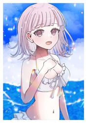  :d bare_arms bare_shoulders bikini breasts danganronpa_(series) danganronpa_2:_goodbye_despair day female flipped_hair frilled_bikini frills fuyu_ko hair_ornament highres large_breasts layered_skirt looking_at_viewer medium_hair mole mole_on_breast nanami_chiaki navel no_hair_ornament ocean official_alternate_costume outdoors pink_eyes pink_hair ribbon shirt skirt smile solo swimsuit water white_bikini 