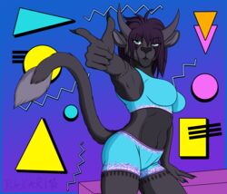  1990s 90&#039;s_theme absurd_res anthro big_chief_bakari_(artist) blue_eyes bottomwear claws clothing crop_top female finger_gun fur geometric_background geometric_shapes gesture hair hand_gesture hi_res horn hybrid long_hair mammal memphis_design midriff pointing purple_body purple_fur purple_hair retro shirt shorts simple_background solo thick_thighs tight_clothing topwear zaza_orkan_(big_chief_bakari) 