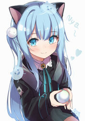  animal_ears aqua_eyes aqua_hair aqua_nails black_jacket black_skirt black_sweater borrowed_character buttons cat_ears cat_girl closed_mouth collared_shirt commentary cowboy_shot double-parted_bangs english_commentary female frilled_shirt_collar frills hair_ornament heart highres holding holding_snowball jacket kaya_(tyhk7874) long_hair long_sleeves looking_at_viewer nekoha_shizuku nyan original romaji_commentary romaji_text shirt sidelocks simple_background sitting skirt smile snowball sweater white_background white_shirt 