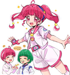  1boy alternate_costume antennae earrings eru facial_hair female fingerless_gloves gloves green_hair hagoromo_toto hairband heart hoshina_hikaru jewelry medium_hair moustache pink_eyes pink_hair precure short_hair shorts single_glove star_(symbol) star_color_pendant star_earrings star_twinkle_precure sweater twintails 