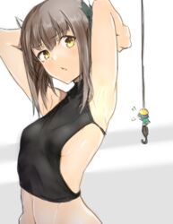  2girls armpits arms_up blue_hair blush breasts brown_hair fairy_(kancolle) headgear kantai_collection mini_person minigirl multiple_girls short_hair simple_background sleeveless small_breasts taihou_(kancolle) tsukira_(amayadori) two-tone_background undershirt yellow_eyes 