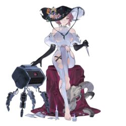  bare_shoulders barefoot black_gloves black_hat breasts closed_mouth collarbone dress drill_hair drill_sidelocks elbow_gloves feet female flower full_body girls&#039;_frontline gloves hair_over_one_eye halloween halloween_costume hat hat_flower holding holding_knife knee_up knife lips looking_at_viewer medium_breasts medium_hair mp-443_(girls&#039;_frontline) mp-443_(shepherd_of_the_lost)_(girls&#039;_frontline) official_art pink_hair reeh_(yukuri130) sidelocks sitting smile solo toenails toes torn_clothes torn_dress torn_hat transparent_background trick_or_treat two-sided_fabric two-sided_headwear white_dress yellow_eyes 