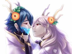  1boy blue_hair blush cape elbow_gloves english_commentary fake_horns female fire_emblem fire_emblem_heroes flower gloves gold_trim hair_flower hair_ornament hakuramen hand_on_another&#039;s_cheek hand_on_another&#039;s_face horns imminent_kiss lace_veil leaf_hair_ornament lif_(fire_emblem) lif_(valentine)_(fire_emblem) long_hair looking_at_another official_alternate_costume open_mouth red_eyes see-through short_hair signature simple_background skull tareme thrasir_(fire_emblem) thrasir_(valentine)_(fire_emblem) upper_body veil_removed watermark white_background white_cape white_hair 